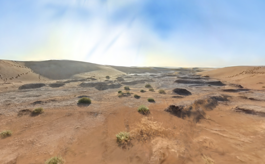 3DGS Morocco - A vast desert landscape featuring gently rolling sand dunes and sparse vegetation under a clear blue sky.