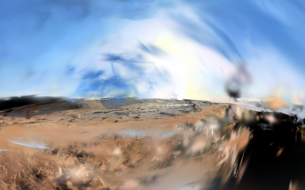 3DGS Morocco - A blurred landscape with a sandy terrain and a clear blue sky, featuring soft clouds and hills in the background.