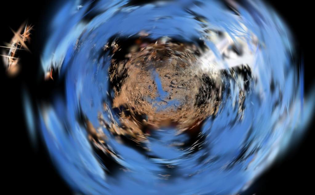 3DGS Morocco - A swirling abstract representation of Earth with hues of blue and brown, set against a black background.